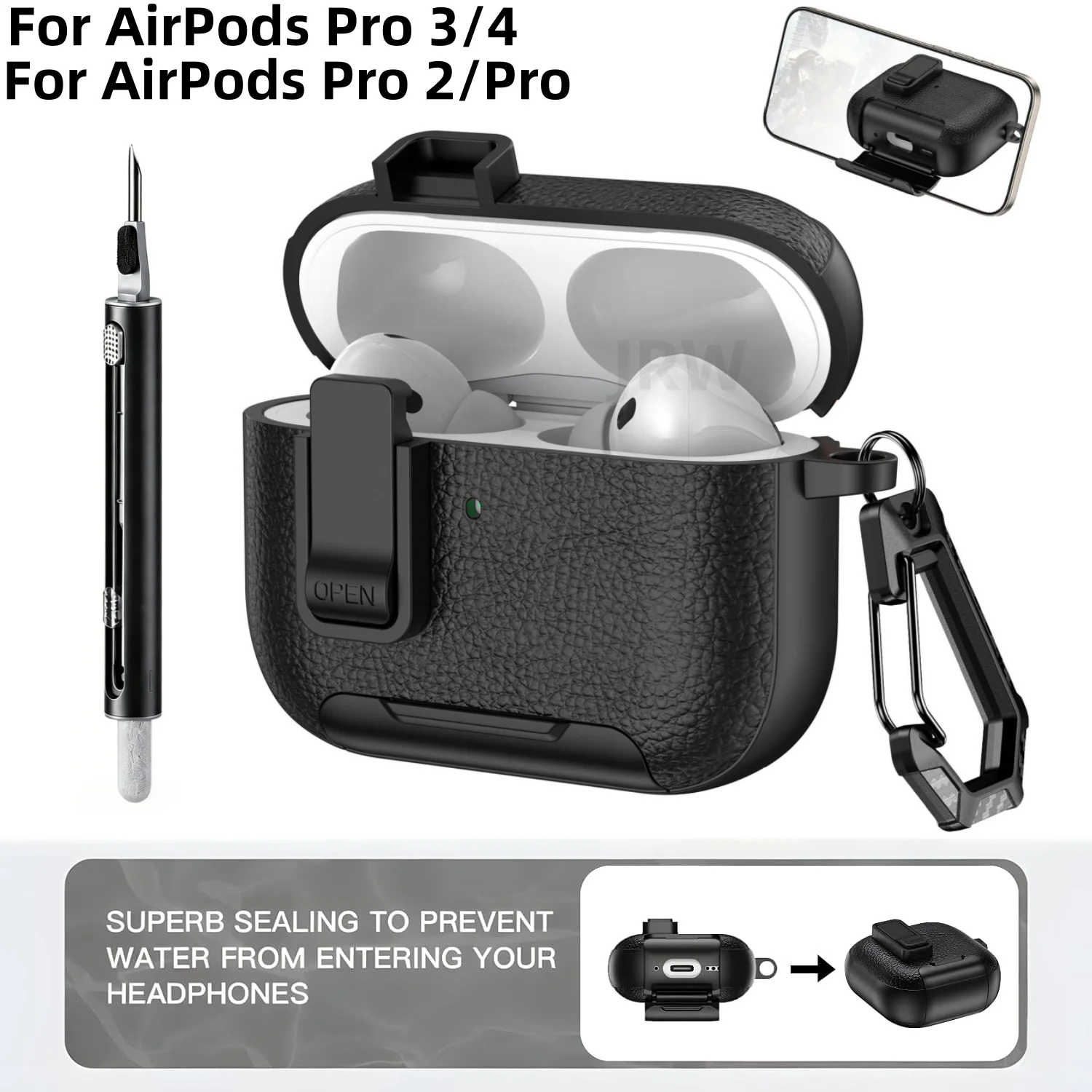 Earphone Case for AirPods Pro 3/Pro 2/Pro/4 PU Leather Lock with Carabiner&Phone Stand Protective Case Cover for AirPods 4/Pro 3