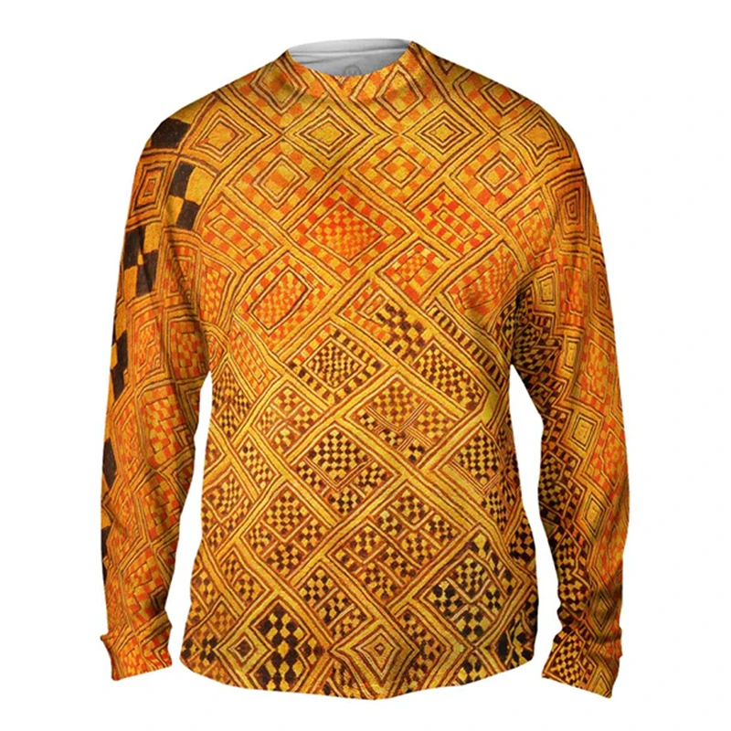 African Tribal Kuba T-shirts Men's Clothes Long Sleeve Round Neck Classic T-shirt 3D Printing Fashion Trend Autumn Tee Tops