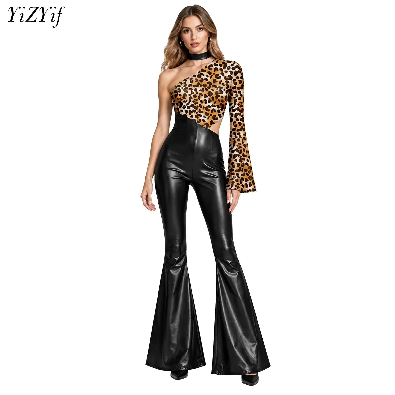 Womens 70s Disco Dance Costume One Shoulder Printed Metallic Shiny Jumpsuit Cutout Bell-bottom Bodysuit Rave Party Clubwear
