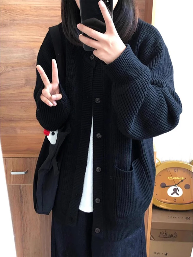 

Черный вязаный кардиган с V-образным вырезом, весенне-осенний стиль, мужской модный повседневный свитер, американский ленивый стиль, топ с длинным рукавом