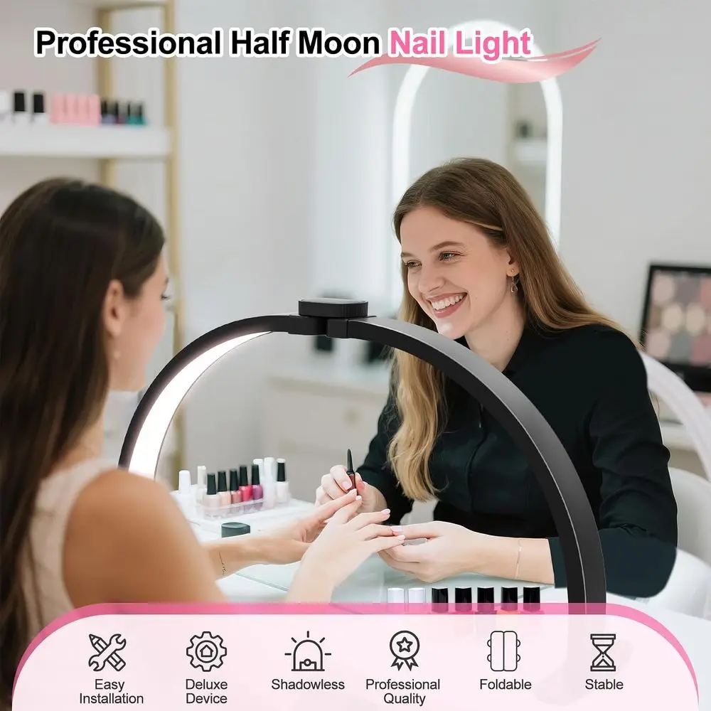 29 LED Arch Nail Tech Table Lamp with Pen Holder - 3 Color Modes & 10 Brightness Levels for Nail Art and Manicure (Black, Large)