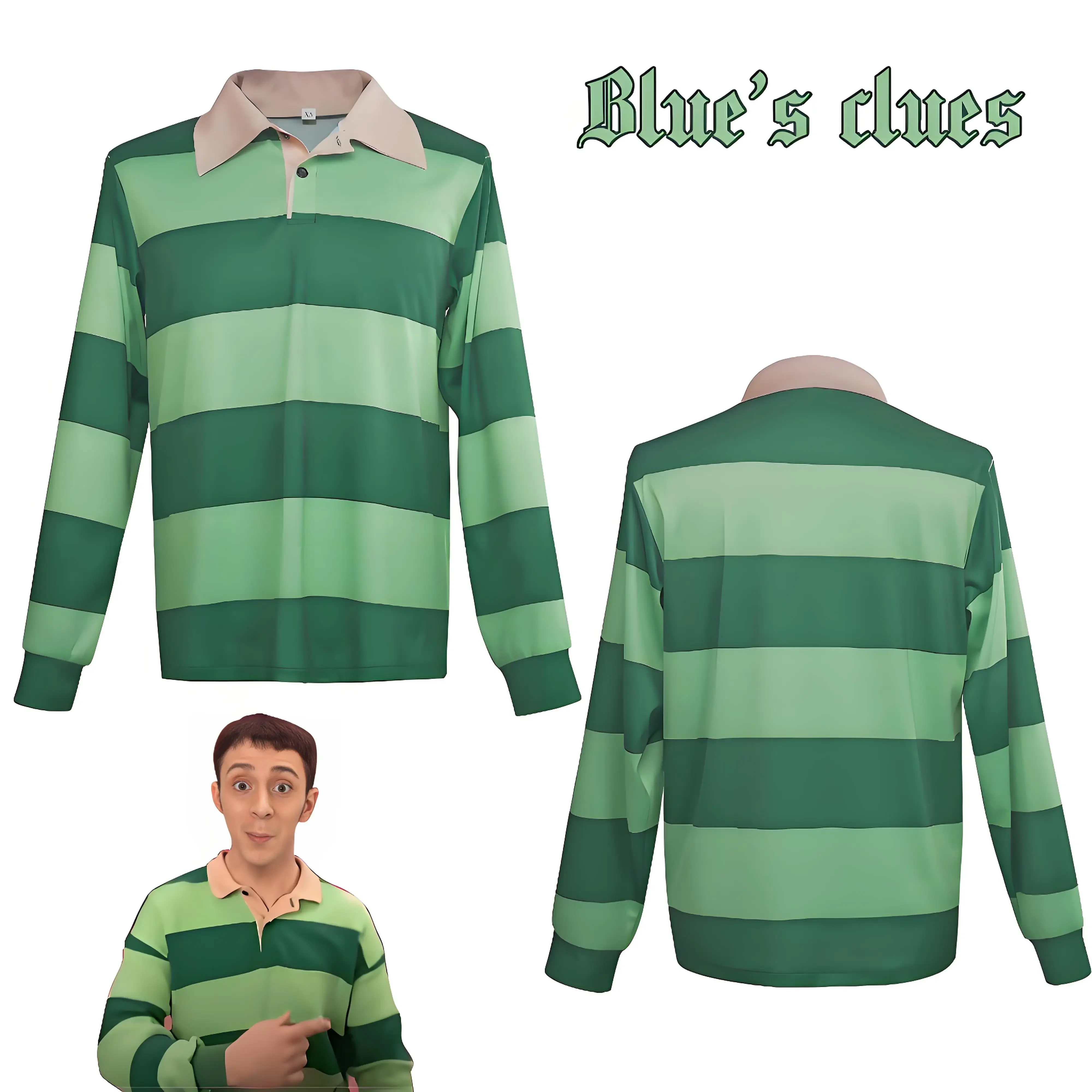 

Аниме Blue's Clues, полосатая рубашка-поло для косплея, мужские зеленые повседневные футболки с длинными рукавами, новинка, уличная одежда для Хэллоуина, карнавала и вечеринки