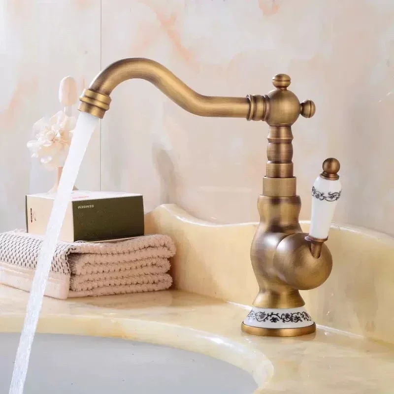 Antique Brass Bathroom Faucet Rotating Spout Basin Sink Mixer Tap Bathroom Kitchen Washing Faucet Washbasin Taps Kitchen