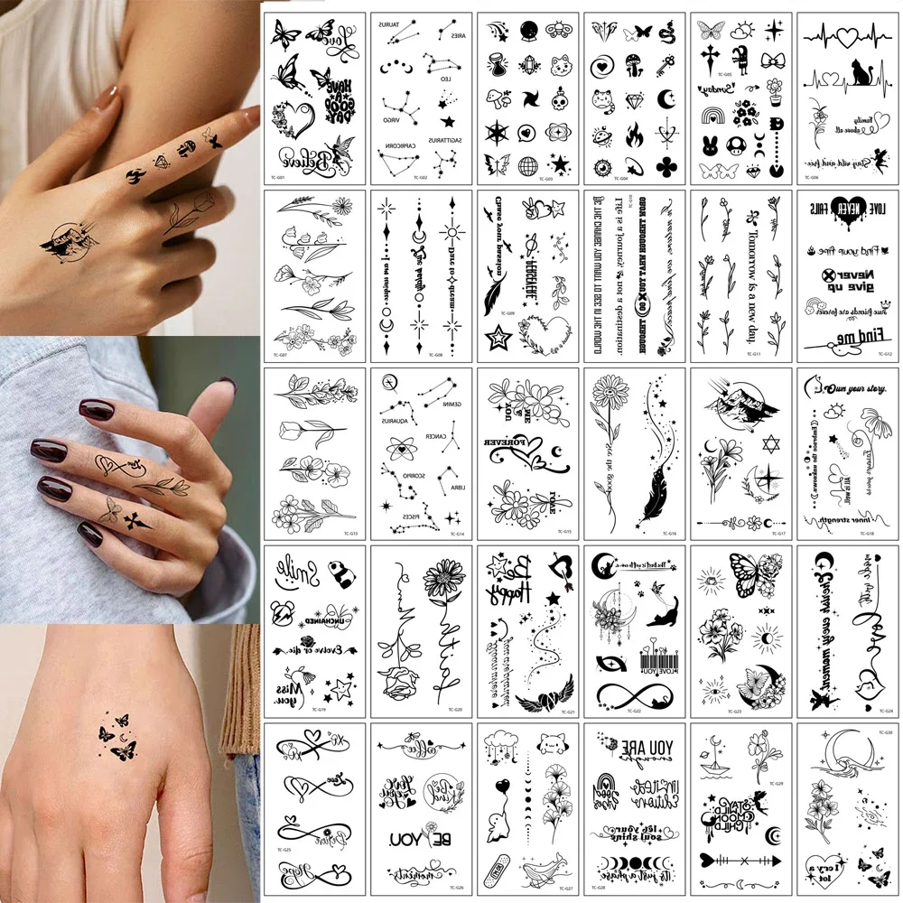 30pcs Instant Finger Tattoo Stickers Waterproof Temporary Tattoos for Women Men Butterfly Flower Fake Tattoo for Hand Body Art