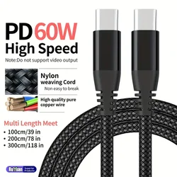 LAIHONEN Type C 60W Fast charging cable for iPhone for iPad for Samsung Xiaomi Redmi Huawei OPPO 10ft Extend thedata