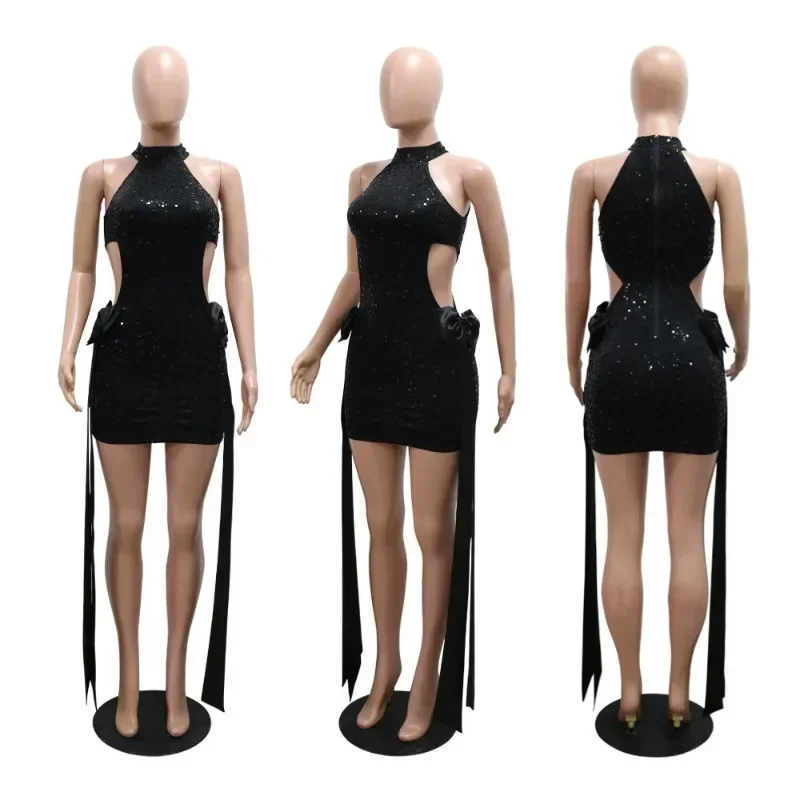 GUWU مطرزة مثير الجانب قطع الخصر القوس حفلة سهرة المرأة ملهى ليلي الشريط فستان رسمي قصير مناسبة خاصة فستان العشاء