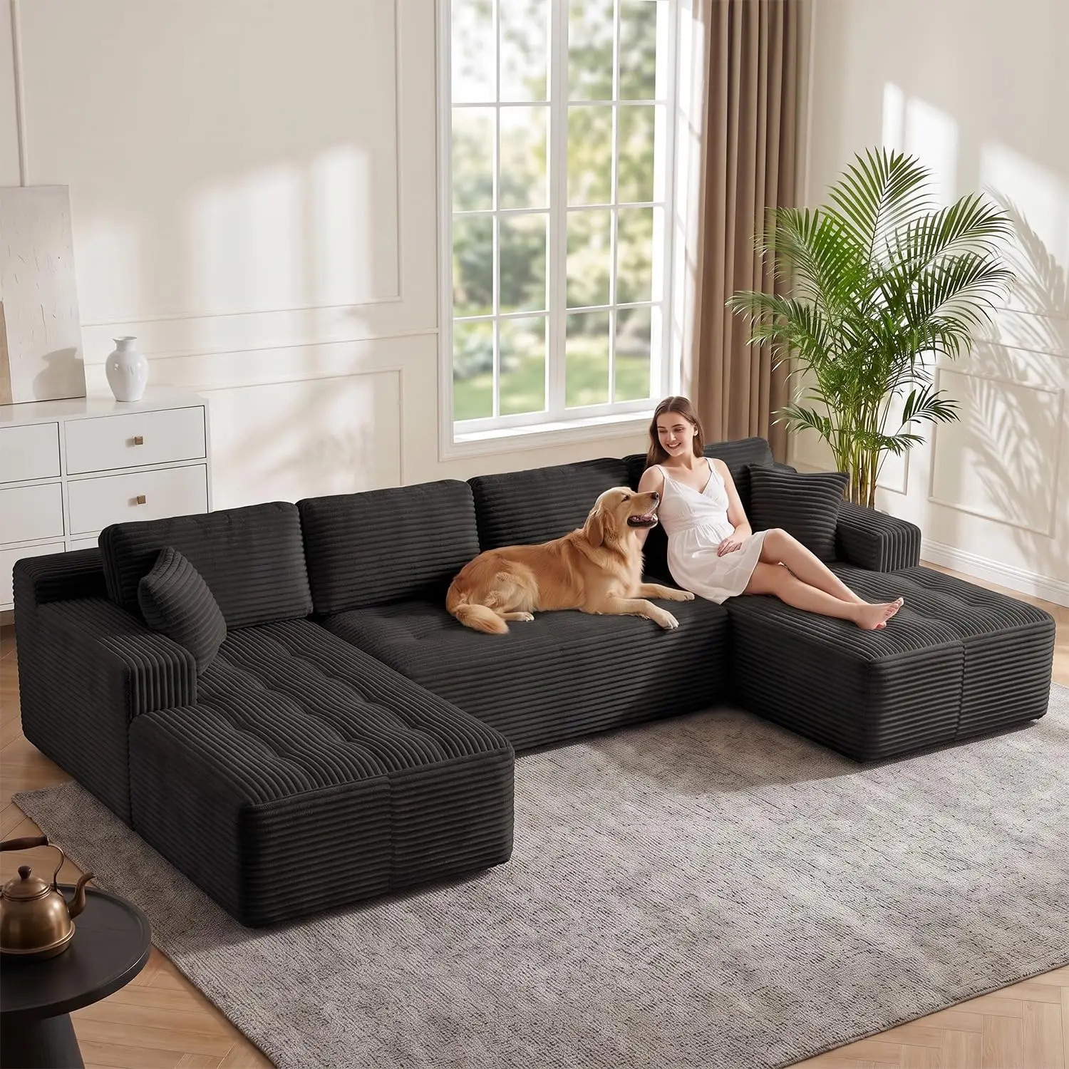 Oversized Boneless Couches for Living Room, U Shaped Cloud Sectional Couch with Deep Seat, No Assembly Corduroy, Customized