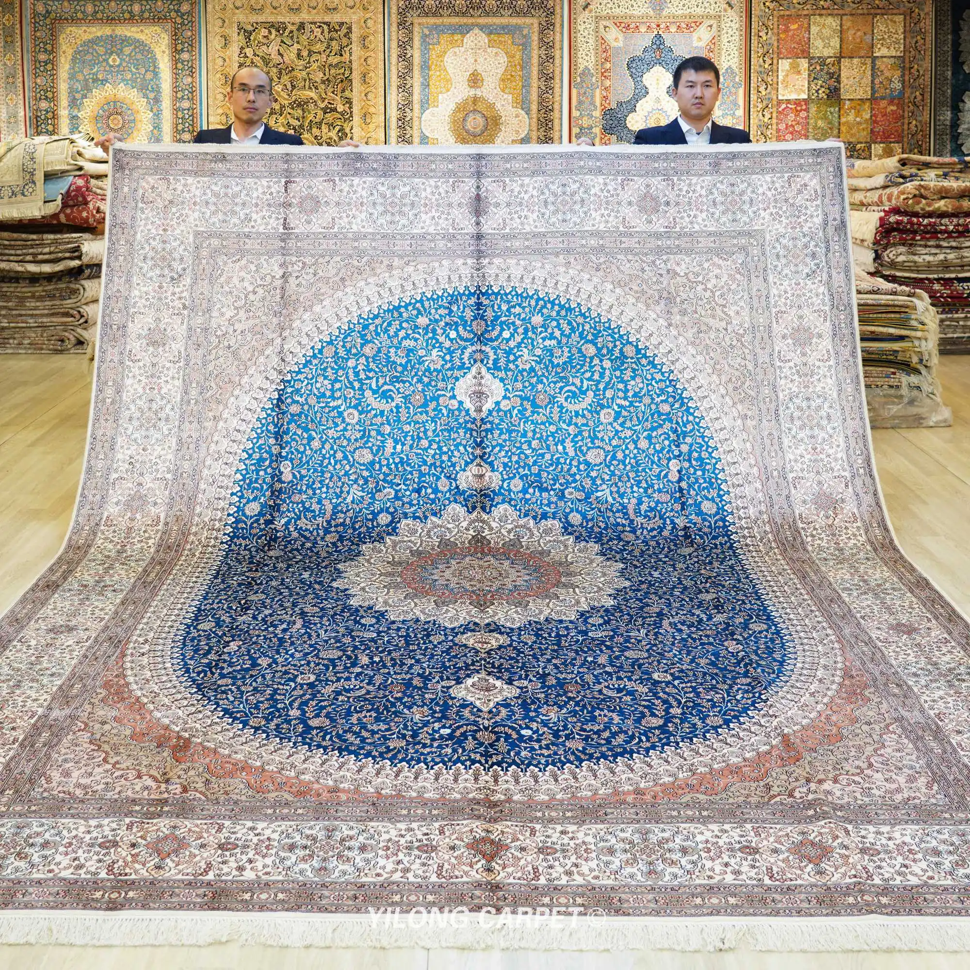 Yilong 9'x12' Handmake Persian Large Rug Antique Qum Blue Silk Carpets (LH169A)