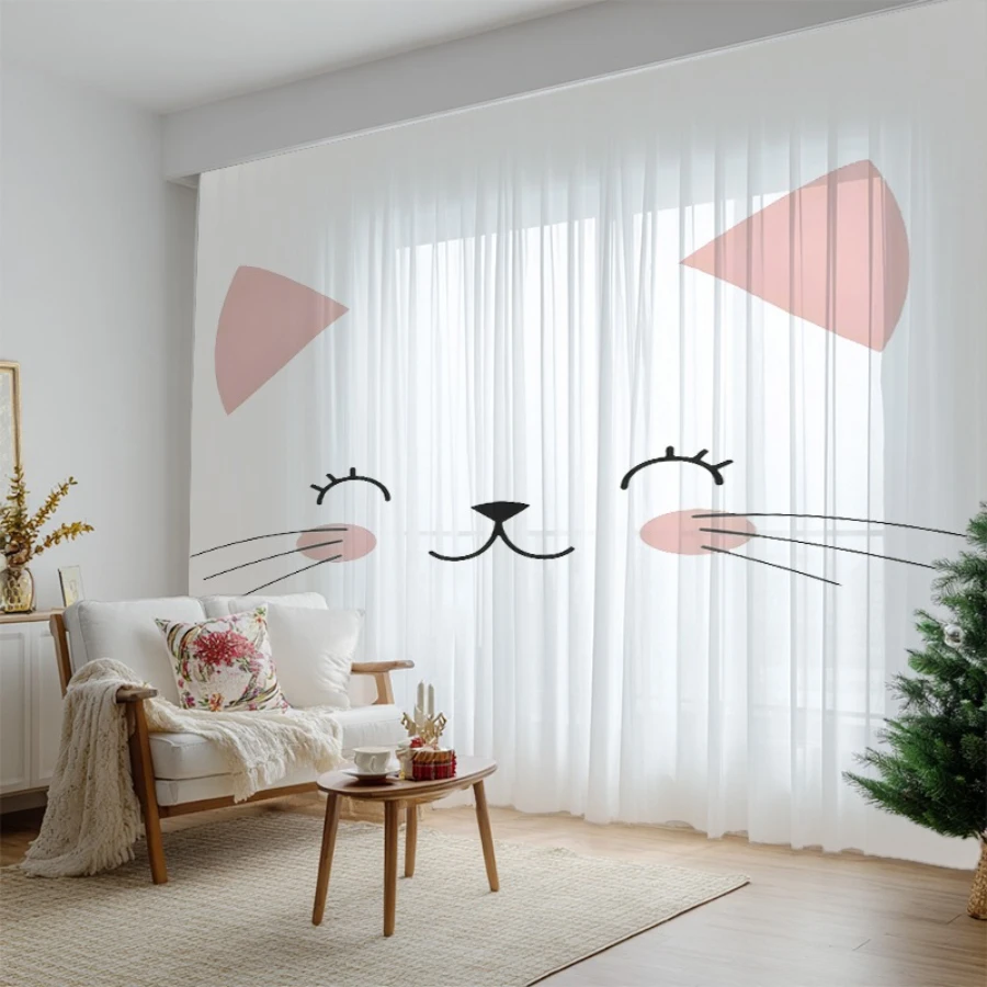2PCS Digital Print Sheer Curtain, Beautiful Smiley Cat, Vintage Floral Window Curtains for Living Room Bedroom Home Decor - view 4