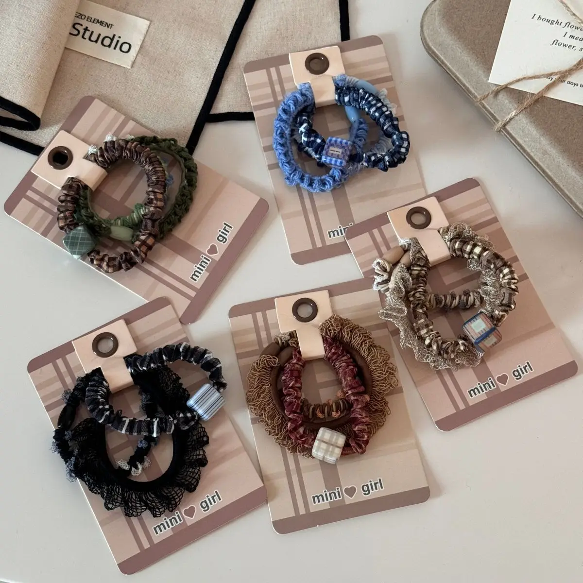 Sweet Lace Hairands Set Korean Simple Badsic Grid Pattern Ponytail Headband Women Girls Elastic Rubber Bands Hair Accessories