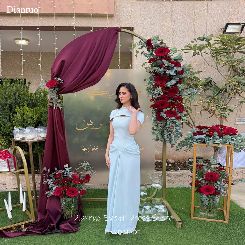 

Dianruo Modest High Neck Capelet Evening Dresses Ruched Waist Robe De Soirée Femme Satin Saudi Vestidos Elegantes Customized