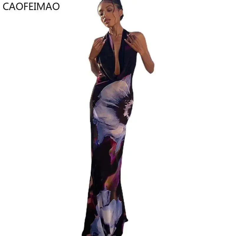 فستان ماكسي بدون ظهر للنساء مثير مطبوع شبكي شفاف من خلال فستان ضيق صيفي للشاطئ أنيق بدون أكمام فستان حفلات النادي 2025