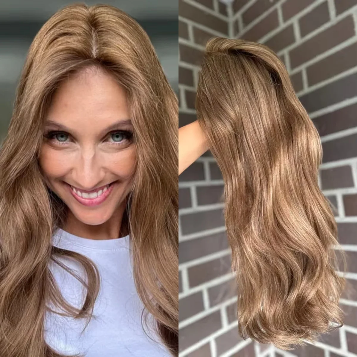 

Elastic Honey Brown Synthetic Lace Top Wigs With Dark Roots Realistic Look Body Wave Cheap Wigs On Clearance Sale Costume Woman