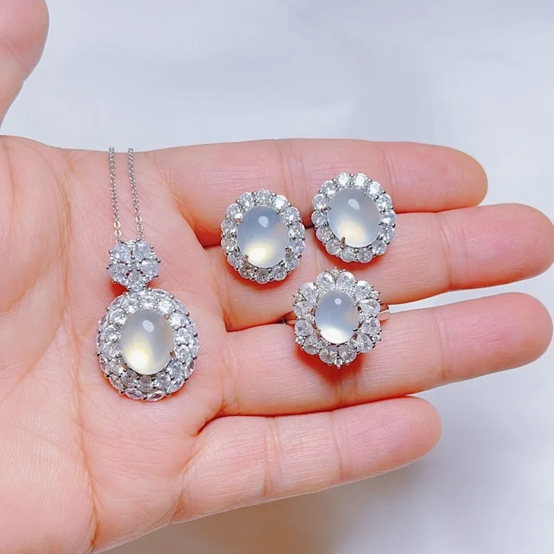 Natural High Ice Chalcedony Agate Necklace Pendant Ring Earrings Three-piece Women's Jewelry