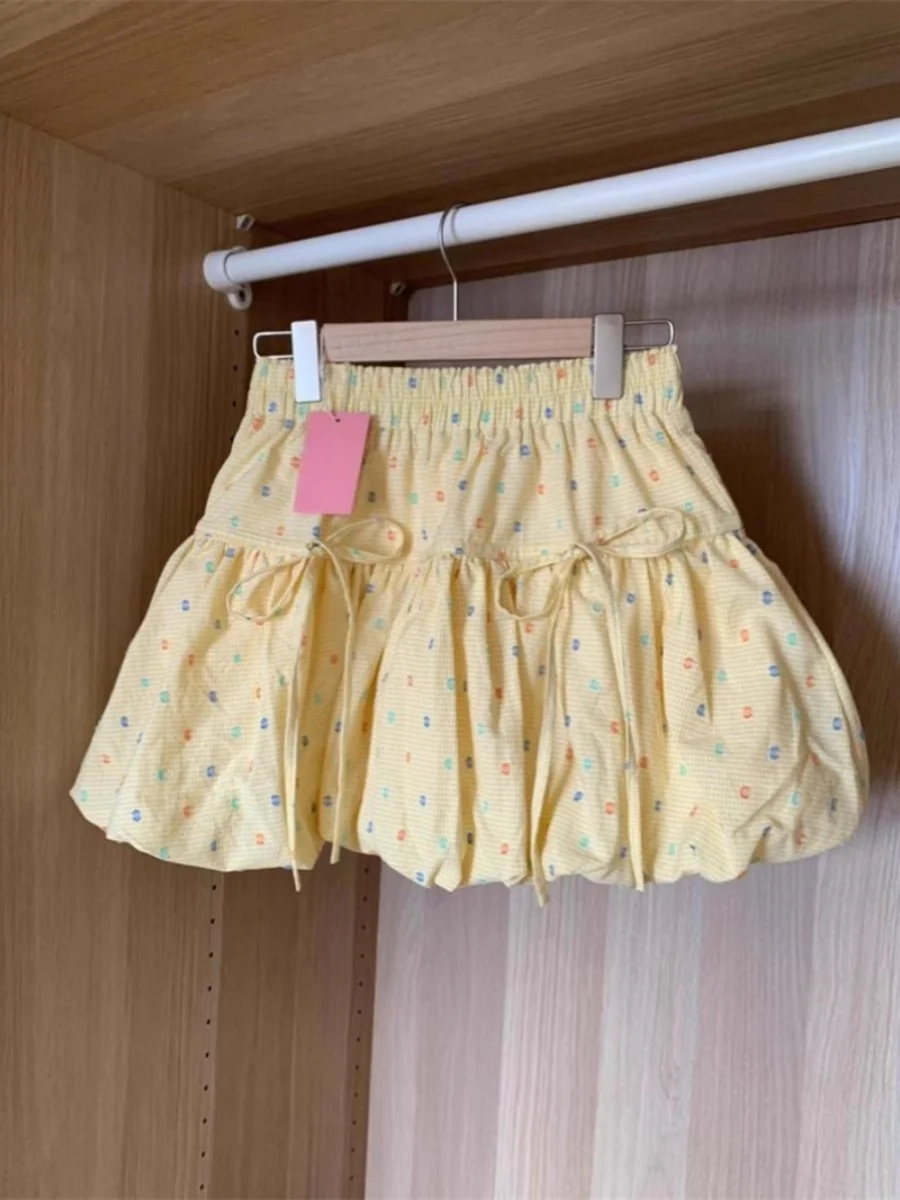 

Summer New Yellow Floral Puffy Short Skirt Women's A-Line Half-length Slimming Cake Skirt High Waist Korean Style Casual Wear