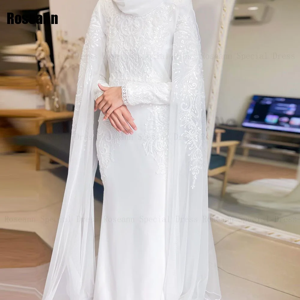فستان زفاف حورية البحر عاجي إسلامي مخصص بياقة عالية دانتيل ساتان مزين بفرشاة ذيل العروس طول الأرض رداء de mariée