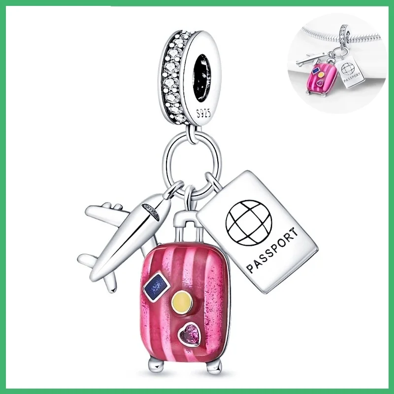 

925 Sterling Silver red suitcase Charms Pendant with Cubic Zirconia,Fit DIY bracelet necklace Gift for Her，Colgante Plata