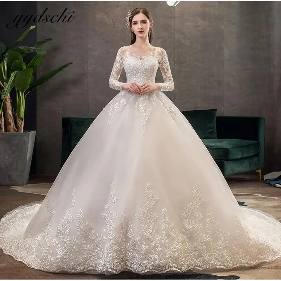 

Elegant Tulle Lace Ball Gown O-Neck Classic Wedding Dresses For Women Cut-out 2024 Chapel Train Bride Gown vestidos de novia