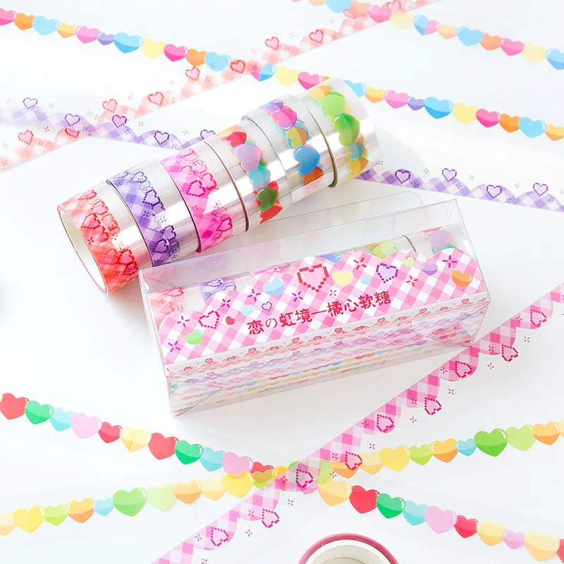 6Pcs/set Cute Love Rainbow Series PET&Paper Adhesive Tape Kawaii Korea Washi Tape Planner Hand Account DIY Decorative Tape