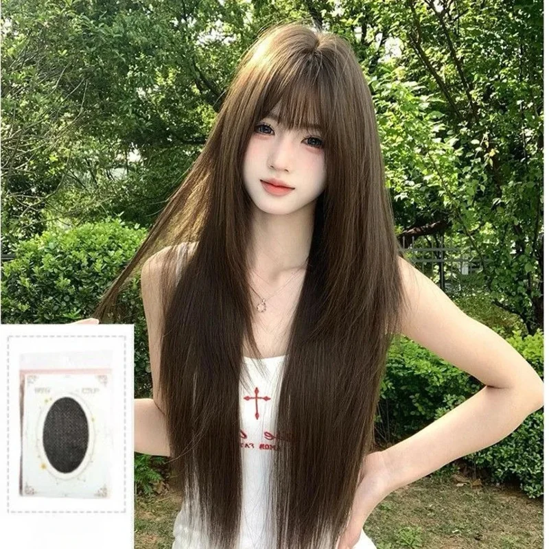 شعر مستعار بني أشلي للنساء، شعر مستعار طويل مستقيم مع غرة من ألياف تتحمل درجات الحرارة العالية، شعر مستعار للاستخدام اليومي