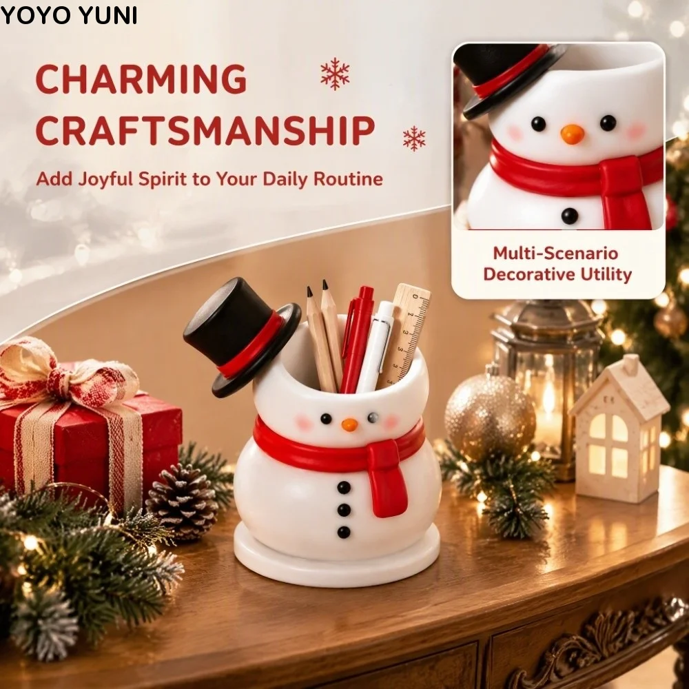 Resin Snowman Storage Holder Decorative Snowman Figurine Snowman Pen Holder Craft Succulent Potted Plant Christmas Desk Decor