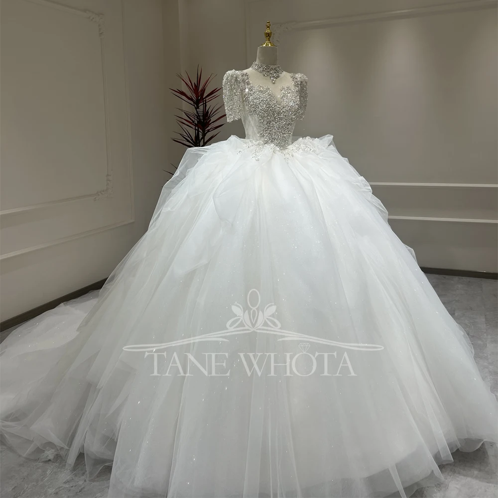 Hochzeitskleid Damen O-Neck Short Sleeve Lace Up Keyhole Back Sequins Beading Embroidery Customized Wedding Dress