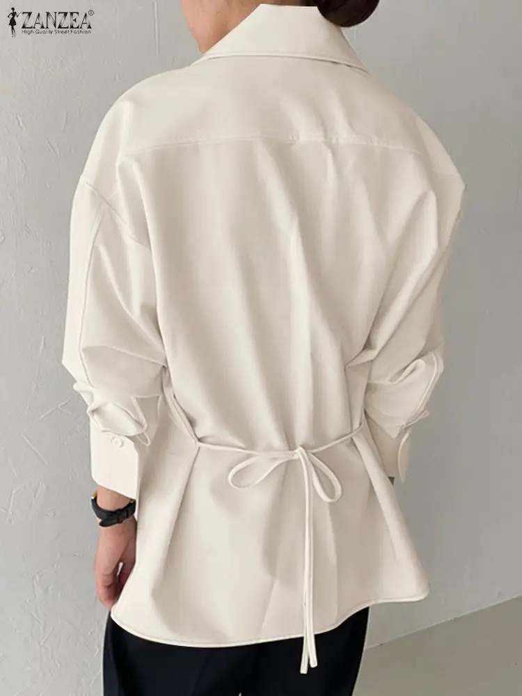 ZANZEA Women's Stylish Tied Back Blouses 2025 Autumn Turn-Down Collar Long Sleeve Half-Zipper Slit Hem Blouse Solid Color Tops - Image 2