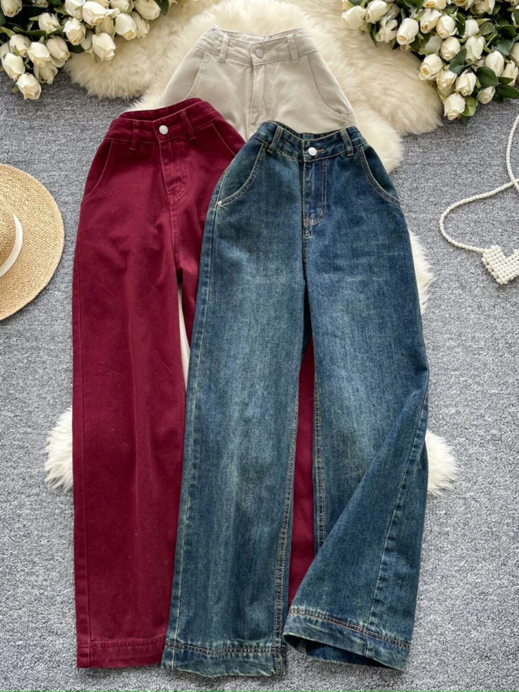 

Korean style fashionable casual denim wide leg pants spring new retro high waist loose versatile commute straight leg pants