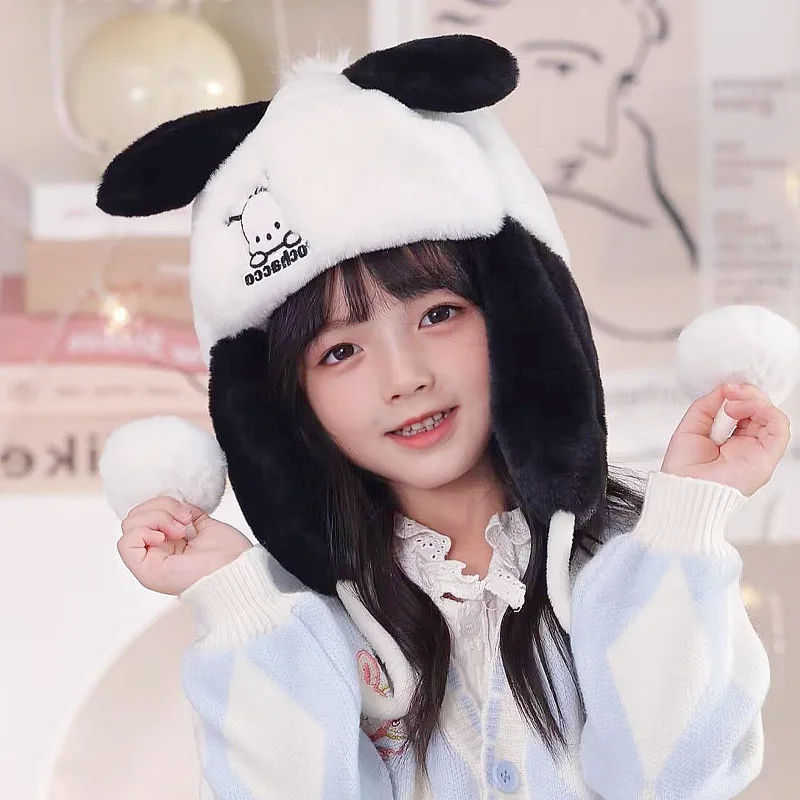 Gorro infantil My Melody Kuromi Sanrios Cinnamoroll dibujos animados mantener caliente figura de Anime Kawaii Plus terciopelo grueso regalo para niña Otoño Invierno