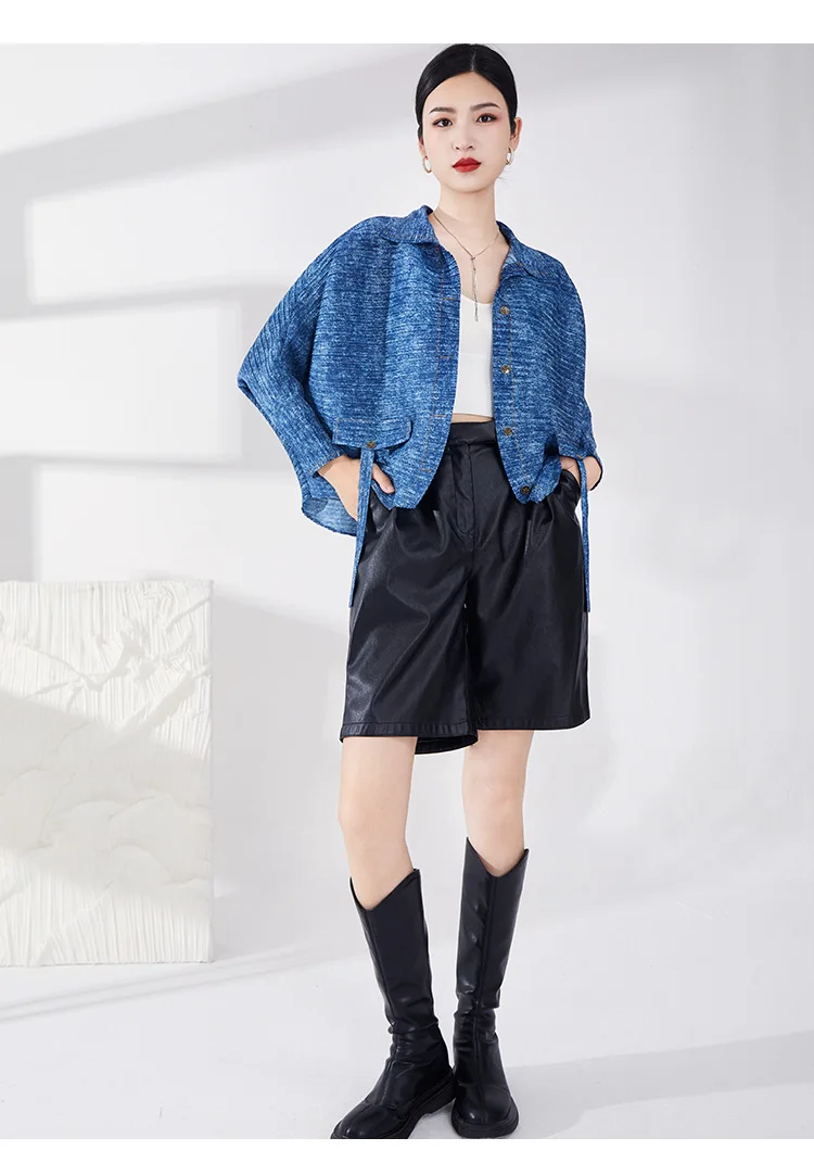 Women's Issey-style pleated denim jacket—new for spring and autumn; a loose, slimming, stylish, and versatile cardigan top.