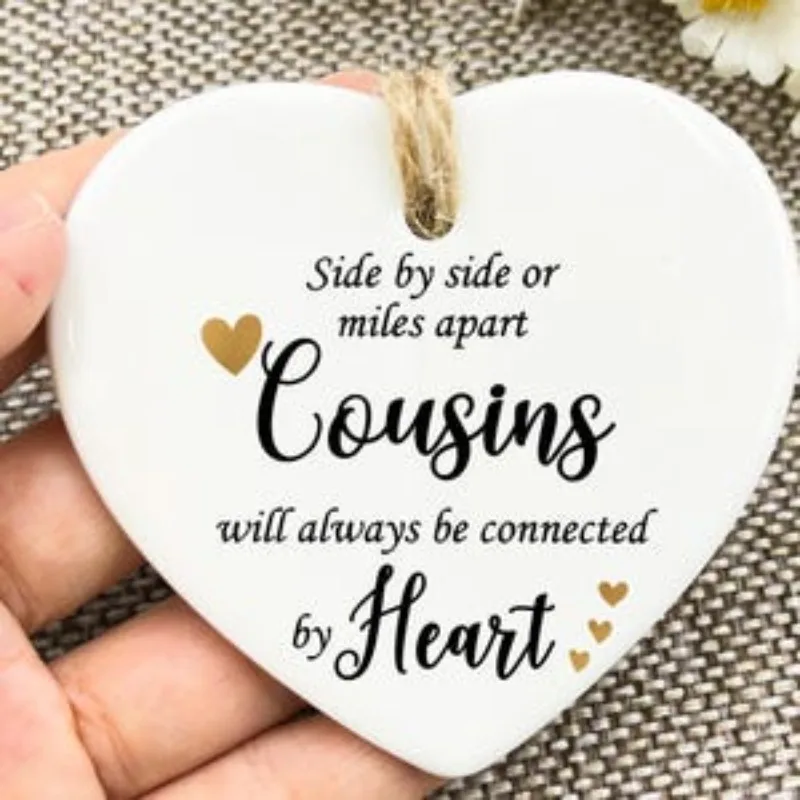 

2D flat, 1 heart-shaped decorative gift for a cousin, featuring cousin quotes and family bond information