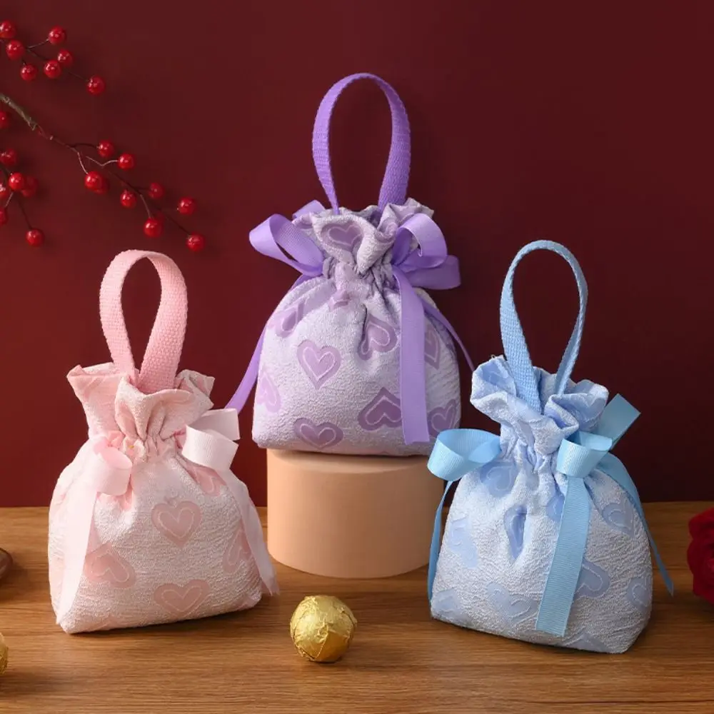 Fashion Love Heart Wedding Sugar Bag Korean Style Handle Canvas Drawstring Bag Large Capacity Coin Purse Bowknot Handbag Party