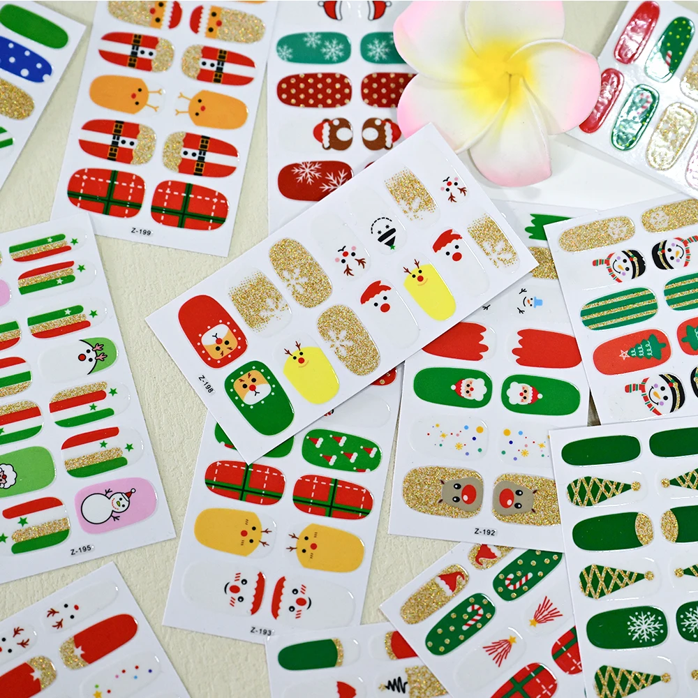 สติกเกอร์ติดเล็บลายคริสต์มาส 14 แบบ ลายสก็อต ลายจุด ลายเกล็ดหิมะ สีแดง สีเขียว ลายซานตาคลอส ประดับกลิตเตอร์สีทอง สำหรับตกแต่งเล็บ