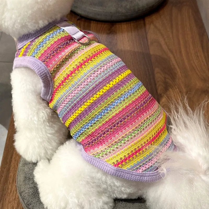 

Summer Striped Woven Dog Clothes Teddy Hollow Out Vest Small Dog Breathable Sleeveless T-Shirt with Leash Buckle