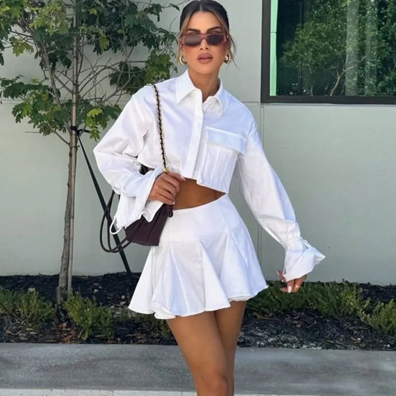 

White Dress Sets 2-piece Fashion Collar Shirt Top High Waist Skirt Set Elegant Party Looks Women Dress Sets Outfits