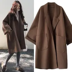 Elegant Woolen Trench Coat Winter for Women Vintage Windbreakers Jacket Mid-Length Loose Turn-Down Collar Plus Size 4XL Cardigan