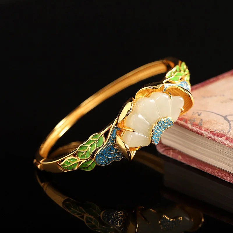 Color Enamel Porcelain Craftsmanship Inlaid Natural Hetian Jade Fan-shaped Bracelet for Women Classical Chinese Style Jewelry