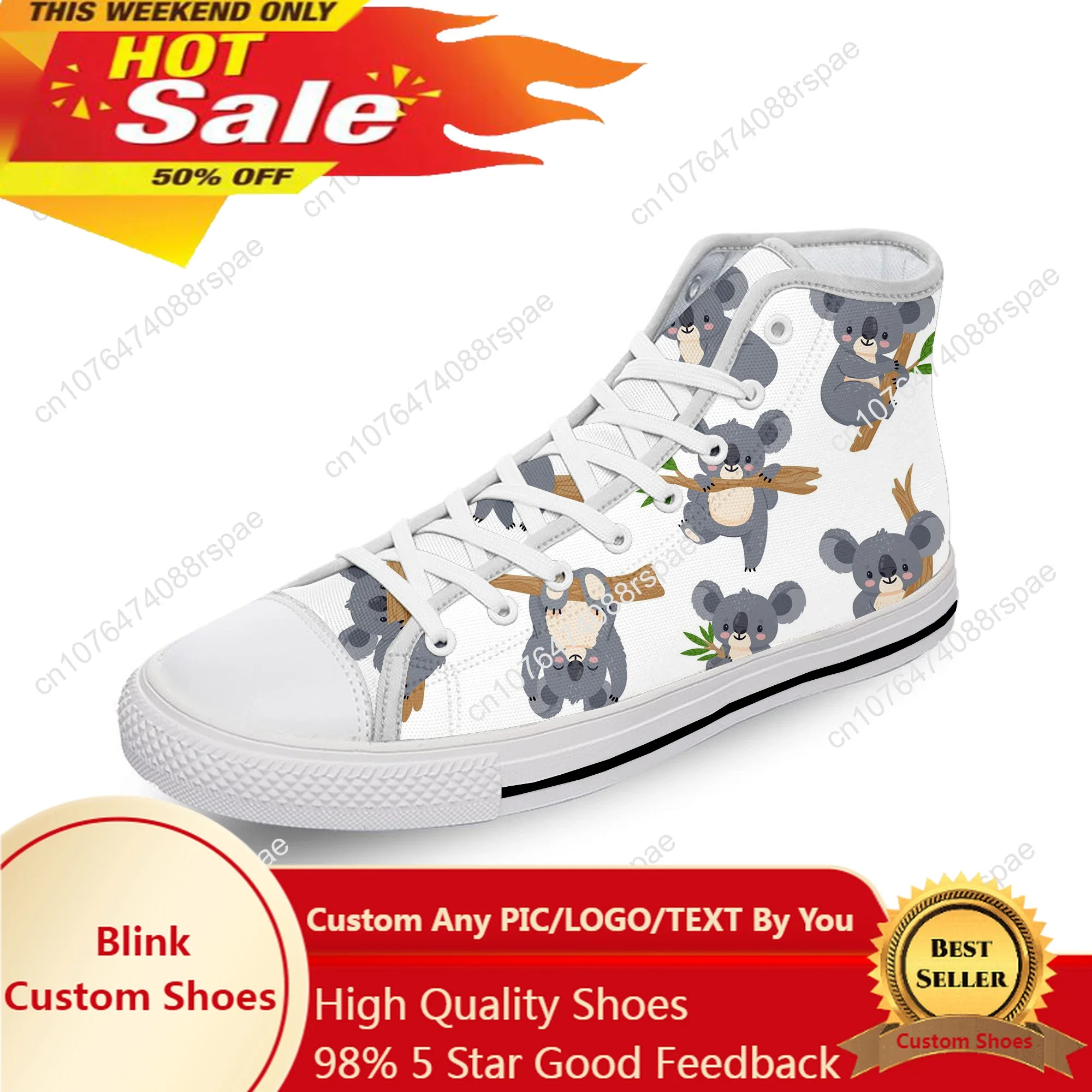 Chaussures en toile légères pour hommes et femmes, baskets respirantes, impression 3D, haut, haut, blanc, grill, dessin animé, mignon, mignon, drôle, Kawaii, Koala, mode