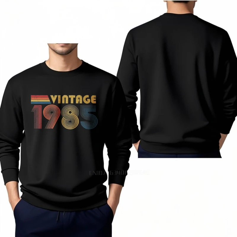 Vintage primavera homem hoodie vintage 1985 arco-íris texto design treino macio impresso tripulação pescoço pulôver todos os dias com capuz novo molet