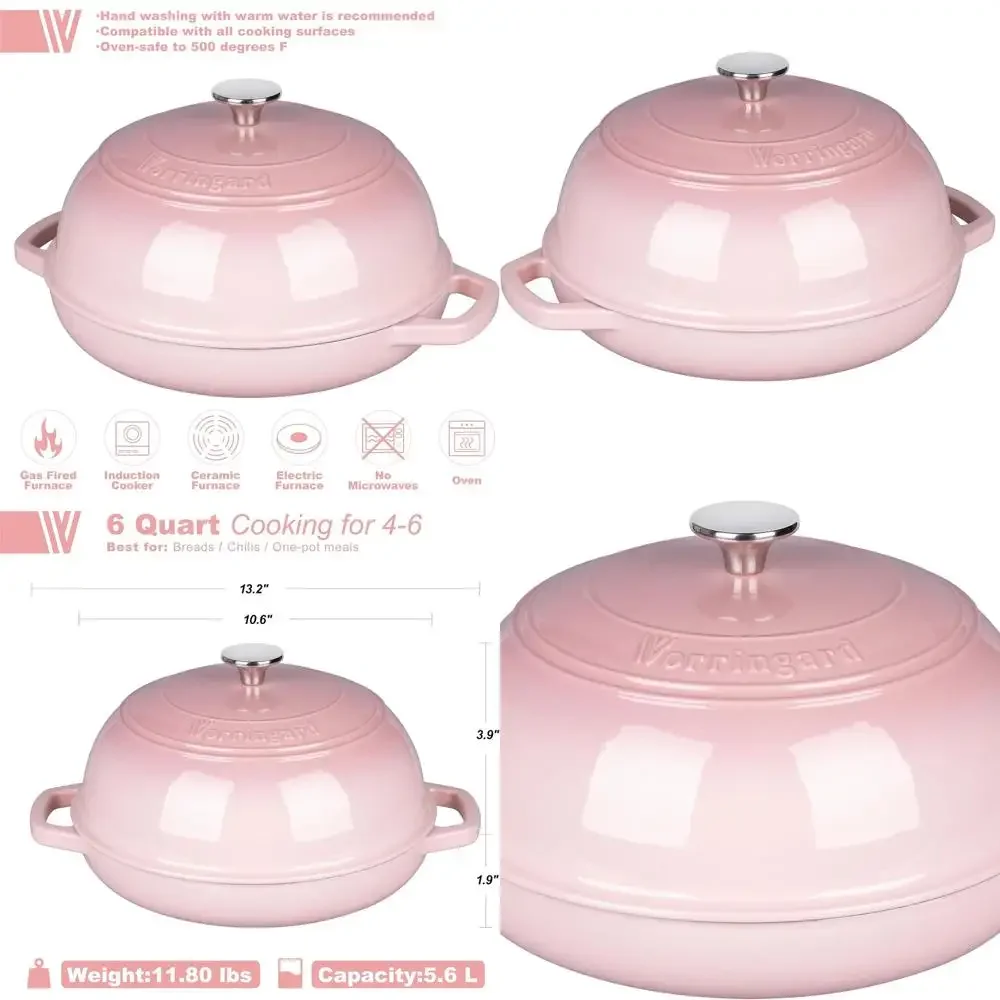 

Pink 6-Quart Enamel Cast Iron Dutch Oven with Lid, Perfect for Sourdough Bread Baking and Proofing Basket Set