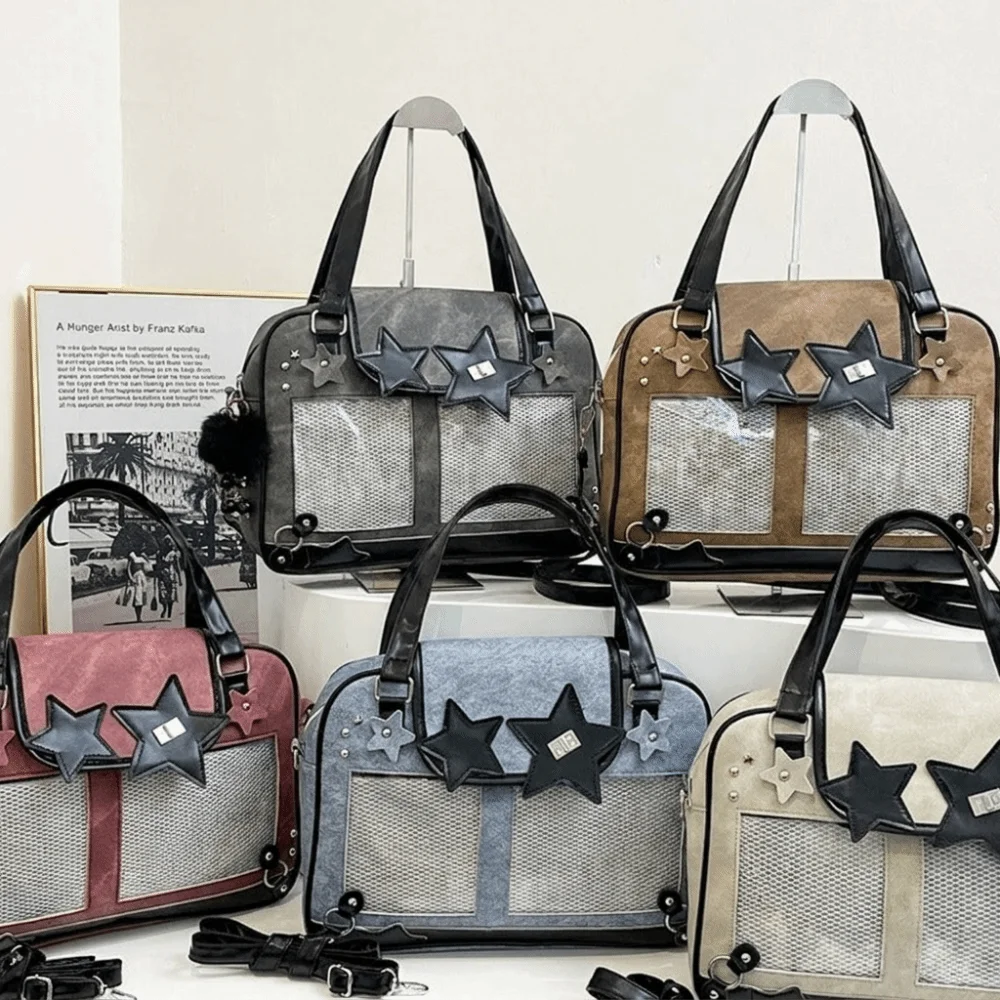 

Y2K Star Rivet Ita Bag Large Capacity PU DIY Display Crossbody Bag Transparent Leather Contrasting Color Design Tote Bag Casual