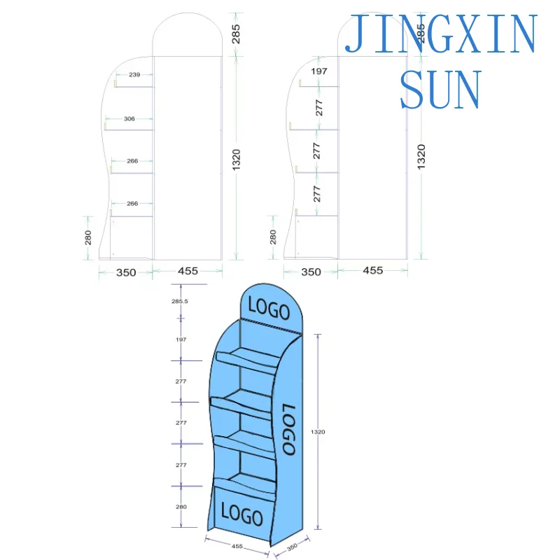 Supermarket Promotion Corrugated Paper Display Rack with Arc-shaped Hooks