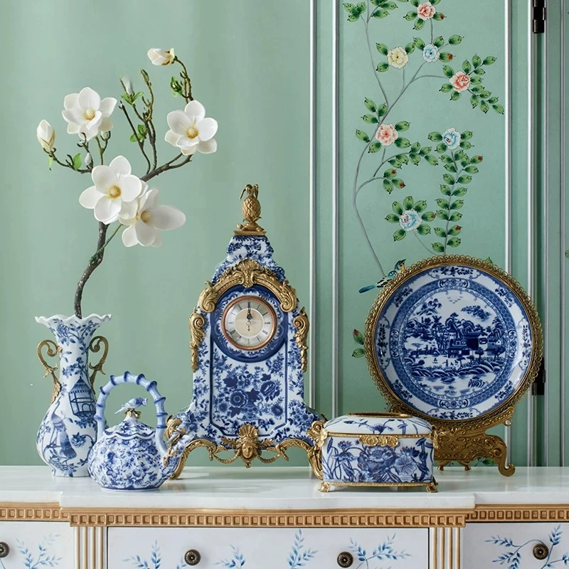 French Chinese style ceramic inlaid bronze blue and white porcelain vase, flower and bird tissue box, living room  ornament