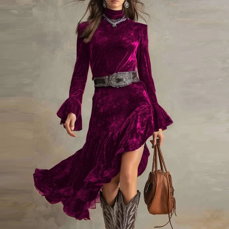 Fall Winter Turtleneck Solid Velvet Long Dresses Woman Sexy High Waist Ruffle Irregular Dress Vintage Flare Sleeve Pleated Dress