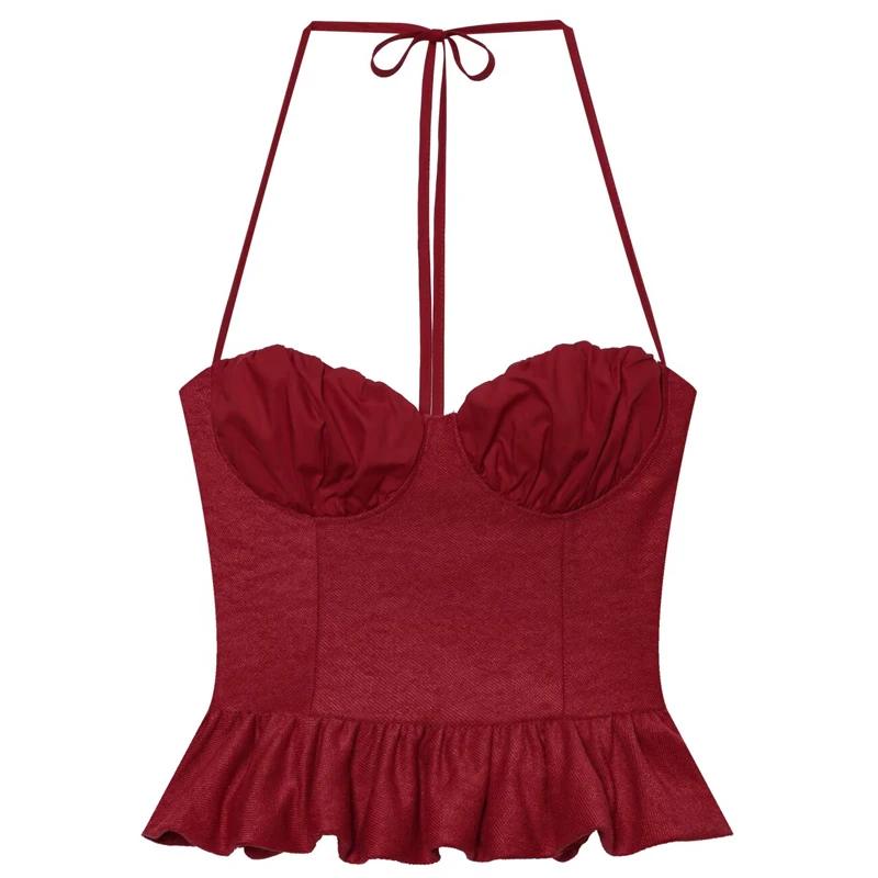 HXAO Halter Crop Top Damen Sommer 2026 Sexy Rotes Gerüschtes Camisole Bustier Ärmelloses Rückenfreies Top mit Trägern Streetwear Cami Top – Detail 4
