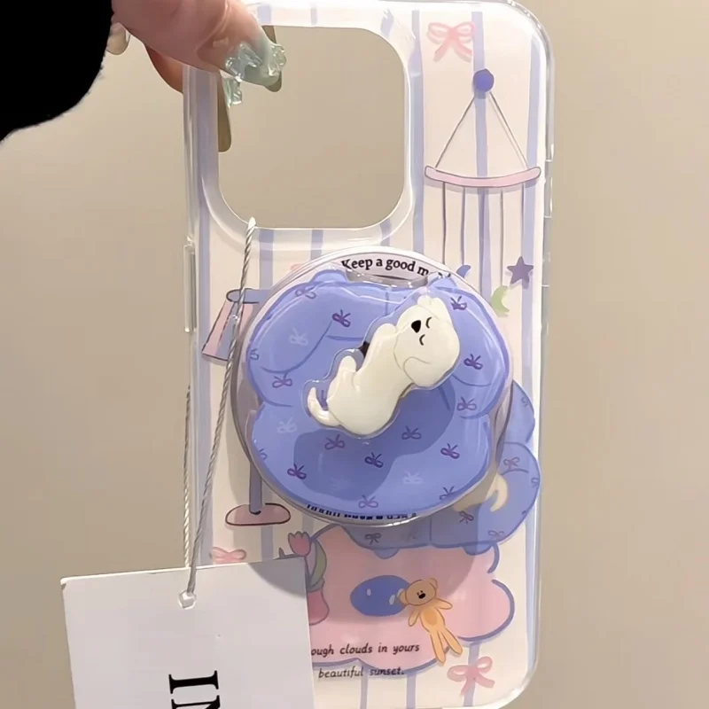 Korean Cartoon Rotation Puppy  For Magsafe Magnetic Phone Griptok Grip Tok Stand For iPhone 15 Wireless Charging Case Holder