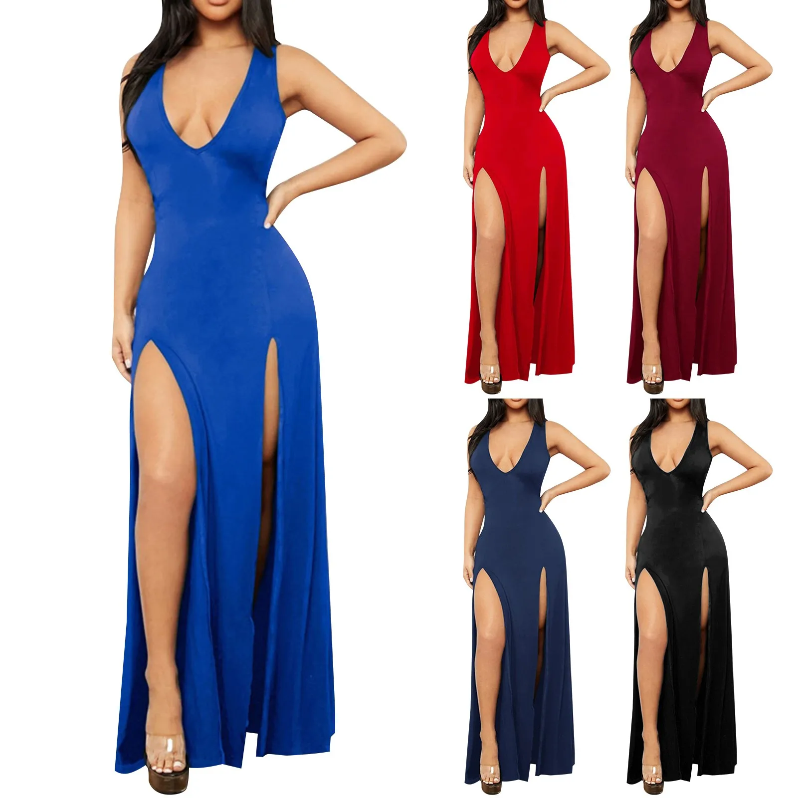 

Personality Design V Neck High Slit Sexy Dress Solid Color Dress Bohemian Print Casual