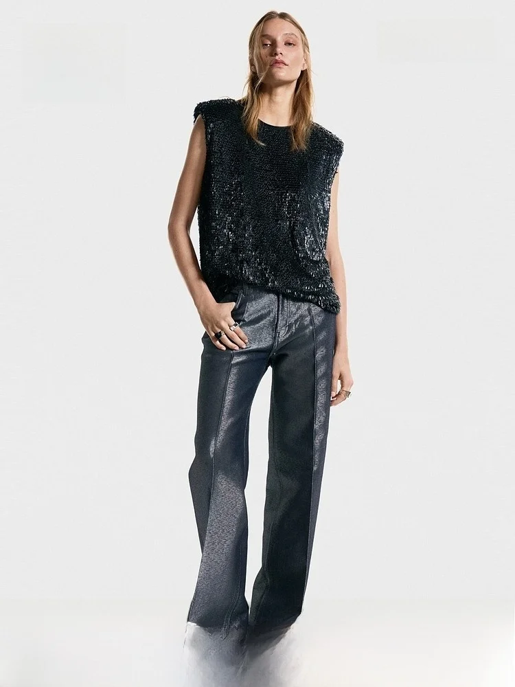 

H&M Women's T-shirt round Neck Sleeveless Dinner Inner Wear Sequin Shoulder Pad Top Casual Loose Fit Polyester Spandex Blend