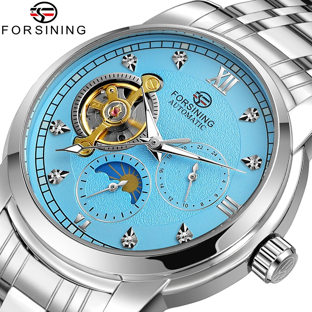 Forsining Men's Fashion Luxury Business Metal Strap Tourbillon Luminous Automatic Mechanical Watch Artificial Diamond Wristwatch