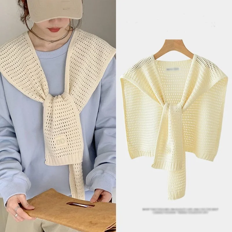 

Retro Hong Kong Style Knitted Shawl Shoulder Fold Top Women's Summer Thin Scarf Hollow out Design Fashion Accessory
